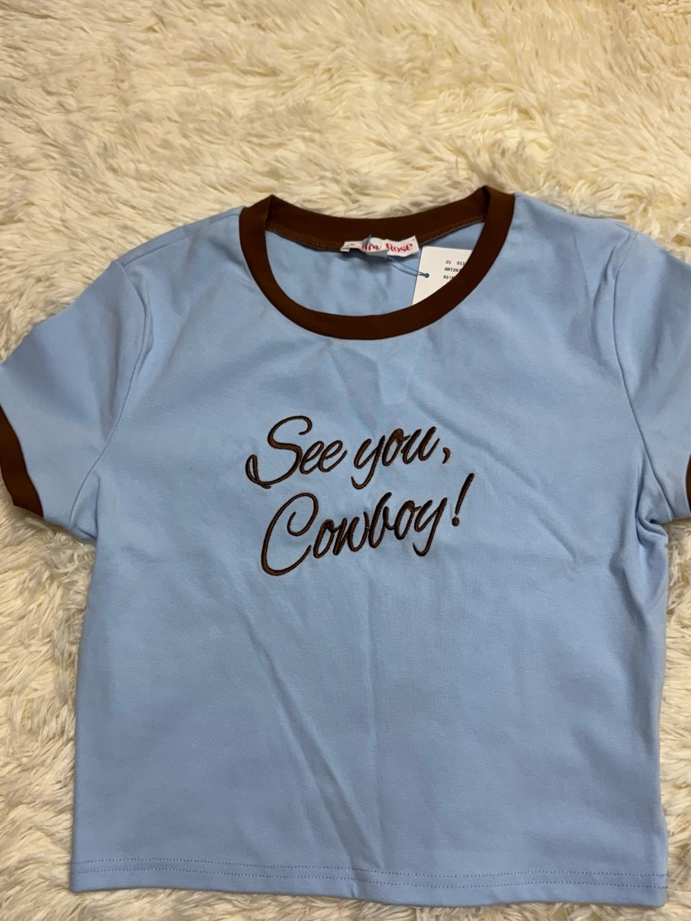 Light Blue Short-Sleeve Tee with Brown Trim - See You, Cowboy!